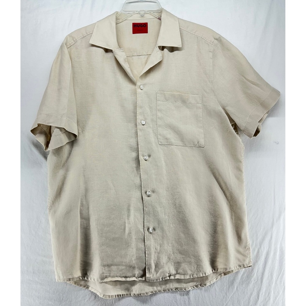HUGO Hugo Boss Mens Beige Linen Short Sleeve Camp Collar Shirt Straight Fit M‎